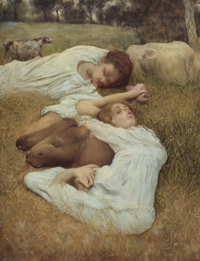 Image similar to peasant girl sleeping with a cow on a farm, cottage core, polaroid photo bleached vintage pastel colors high - key lighting, soft lights, foggy, by steve hanks, by lisa yuskavage, by serov valentin, by tarkovsky, 8 k render, detailed, oil on canvas