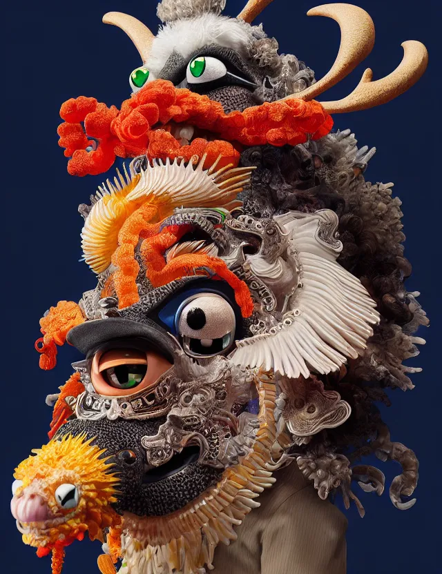 Image similar to 3 d muppet portrait with ram skull. beautiful intricately detailed japanese crow kitsune mask and clasical japanese kimono. betta fish, jellyfish phoenix, bio luminescent, plasma, ice, water, wind, creature, artwork by tooth wu and wlop and beeple and greg rutkowski