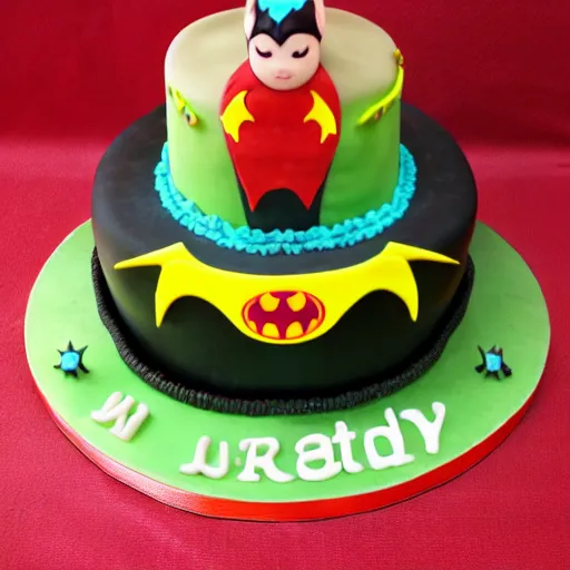 Prompt: chinese bat superhero birthday cake,