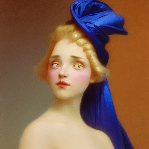 Image similar to a young woman's face, her hair is golden white and she wears an cobalt blue satin cloak, by ivan aivazovsky and syd mead and moebius and gaston bussiere and roger dean and pieter claesz and paul delaroche and alma tadema and aelbert cuyp and willem claesz, hyperrealistic, volumetric light, octane render