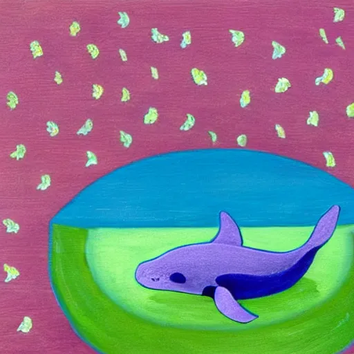 Prompt: a whale and a bowl of petunias falling through the sky
