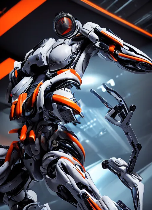 Image similar to a Photorealistic dramatic hyperrealistic full frame render of a Sleek futuristic exosuit Freedom Formula Racing Mech,Ultra realistic details,glossy white metal,Orange racing stripes,weathered surfaces,by Hidetaka Tenjin,Yoh Yoshinori,Yoji Shinkawa,Masamune Shirow,Beautiful dramatic dark moody tones and lighting,cinematic atmosphere,studio lighting,shadows,dark background, Octane render,8K