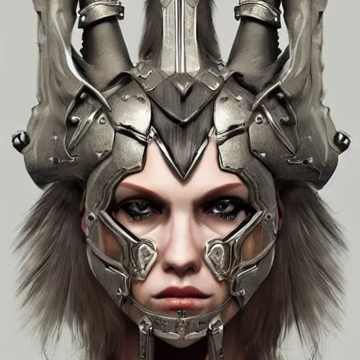 Image similar to a mechanized version of a norse woman, facial piercings, very symmetrical, furry warrior's bone clothing, highly detailed, by vitaly bulgarov, joss nizzi, ben procter, steve jung, concept art, concept art world, pinterest, artstation, unreal engine