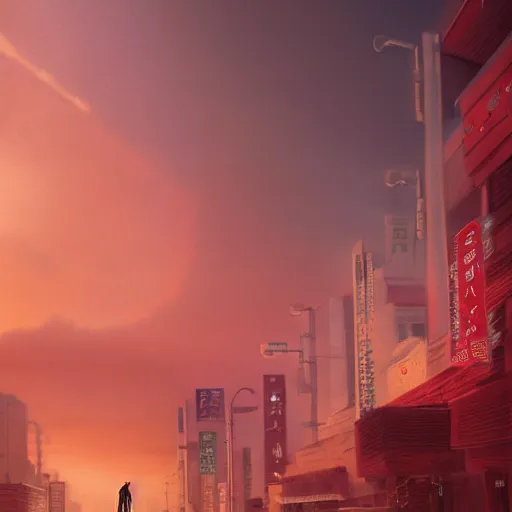 Image similar to lone wanderer in a highly detailed cinematic tokyo suburb, psychedelic, amazing, by feng zhu, wayne barlowe, perfect geometry, hdr, 4 k, hyper - detailed, sharp, beautiful, desaturated, beautiful lighting, oil on canvas, sunset, cinematic composition, trending on artstation, gnomon