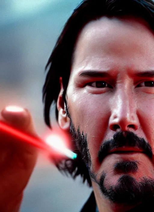 Image similar to close - up keanu reeves as a jedi holding a lightsaber, a red sand desert, 8 k, shallow depth of field, intricate detail,