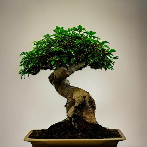 Prompt: A prize-winning ficus bonsai in an innovative style, blog photography, F 1.4 Kodak Portra