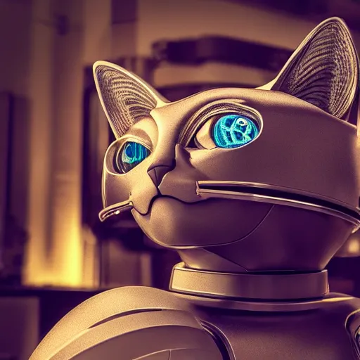 Image similar to robotic cat from the future, scary, cyberpunk style. photograph.