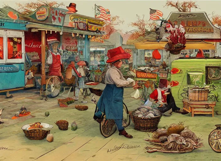 Prompt: a whimsical storybook illustration of crab sellers, 1 9 5 0 s americana tourism, designed by jean baptiste monge but in lowbrow pop art style, high resolution, fine details, muted colors