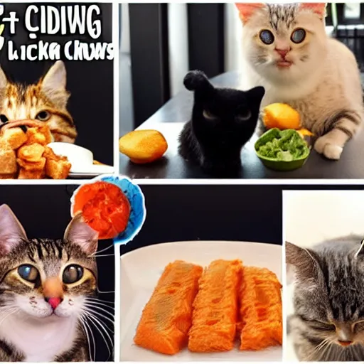 Prompt: Cat mukbang, crunching, chewing, licking, savory fish, delicious tuna