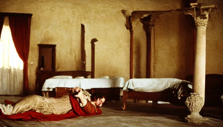 Image similar to 1 9 7 0 s movie still of the marcus aurelius'death on his bed in a ancient palace, cinestill 8 0 0 t 3 5 mm, high quality, heavy grain, high detail, cinematic composition, dramatic light, anamorphic, ultra wide lens, hyperrealistic