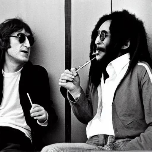 Image similar to john lennon smoking a joint with bob Marley, photograph by Willy Spiller, 1970s