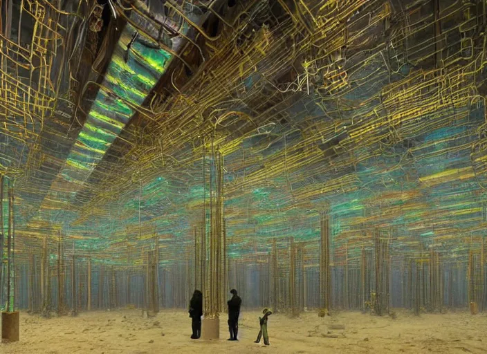 Image similar to rustic yet enormous SCP (Secure, Contain, Protect) agency interior with infinite rows of giant iridescent alien artifacts suspended in cylindrical containers made of gold and quartz by Simon Stalenhag, Zdiszlaw Beksinski, with vivid palette by James Gurney, overgrown with alien plants and flowers, inspired by Control the game, mysterious, eeriewave, hyperdetailed, dramatic camera angle with focus on infinity, octane render 8k, 4k, HDR, rtx on