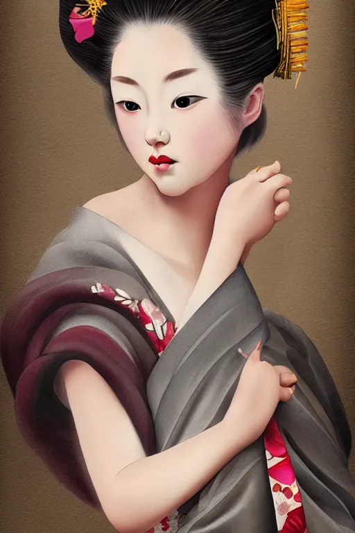 Image similar to pretty seductive geisha, digital art, 8k, character, realistic, portrait, photorealism, japan watercolour, masterpiece art