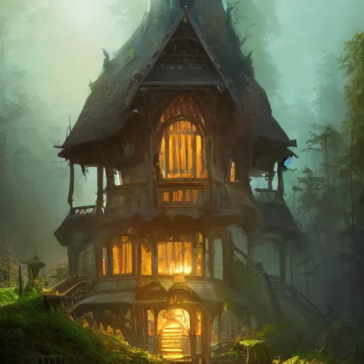 Prompt: house of little wizards, magical world, by greg rutkowski, sung choi, photo realistic, 8 k, cinematic lighting, hd, atmospheric, hyperdetailed, trending on artstation, devainart, digital painting, glow effect