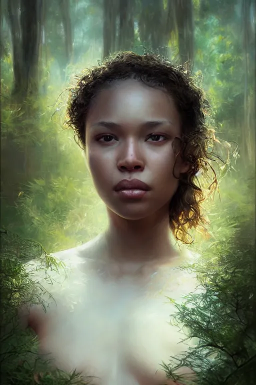 Image similar to full body beautiful mulatto caught by a predatory plant venus flycatcher, gorgeous, close-up portrait, intricate, elegant, volumetric lighting, scenery, digital painting, highly detailed, artstation, sharp focus, illustration, concept art, ruan jia, steve mccurry