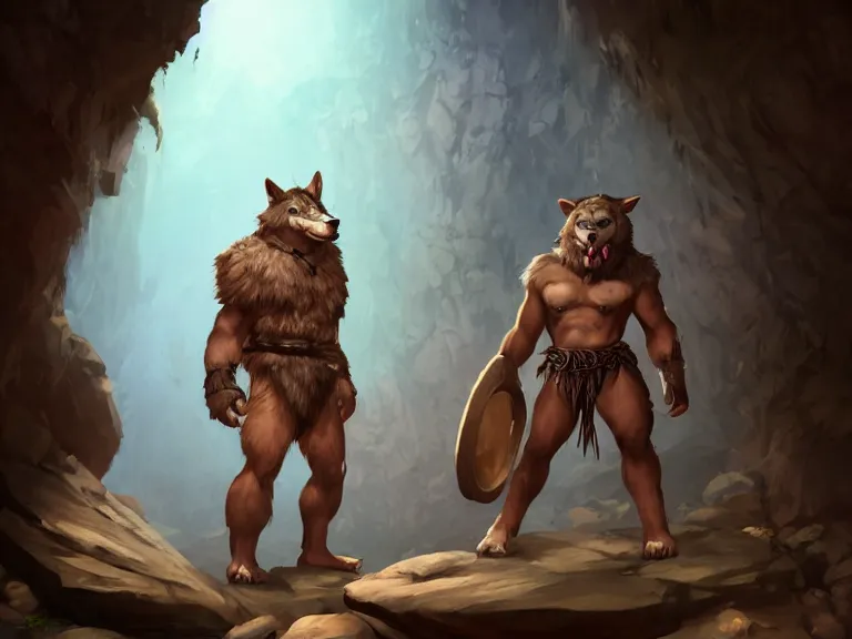 Image similar to burly tough character feature portrait of the anthro male anthropomorphic wolf fursona animal person wearing tribal primitive caveman loincloth outfit belt standing in the entrance to the cave, center framed character design stylized by charlie bowater, ross tran, artgerm, makoto shinkai, detailed, soft lighting, rendered in octane