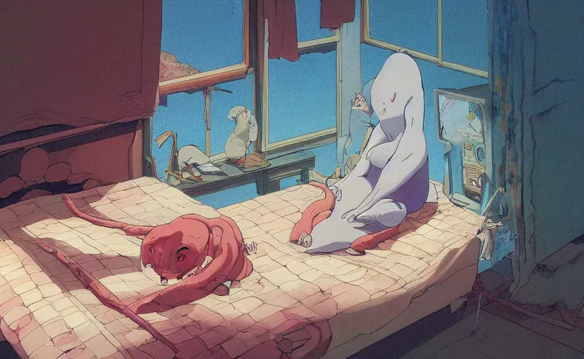 Image similar to the living being awoke from its slumber beneath the bed frame, digital painting masterpiece, haunting beautiful brush strokes, painted by Moebius and Hayao Miyazaki and Akira Toriyama