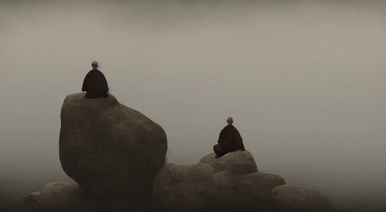 Prompt: a lonely silhouette of a meditating monk sitting in the fog on a stone protruding from the water in the rays of the morning sun, in the style of isaac levitan, 8 k resolution,