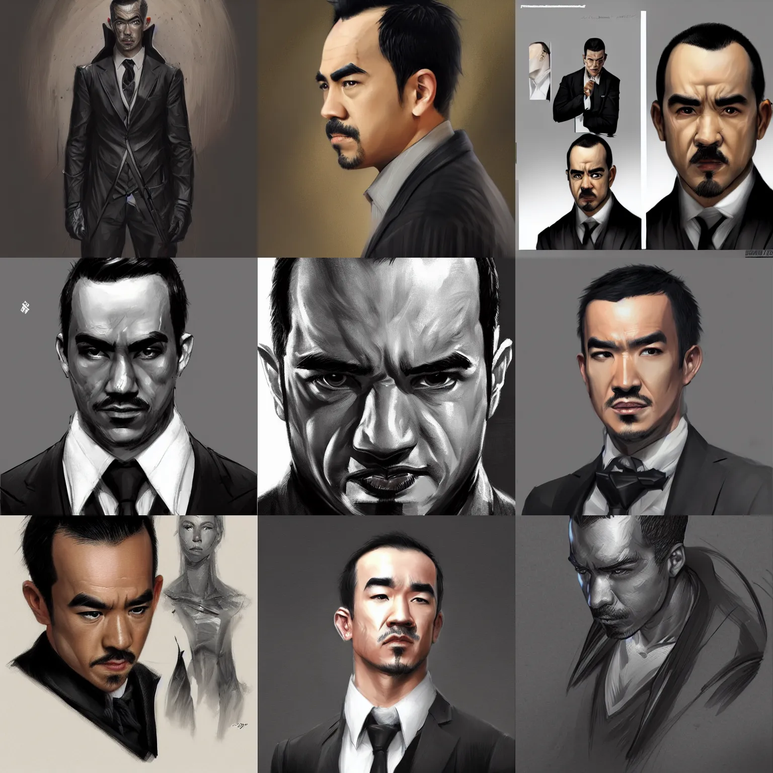 Prompt: man wearing a black suit, joe taslim, D&D, fantasy, headshot, portrait, highly detailed, digital painting, trending on artstation, concept art, sharp focus, illustration, art by artgerm and greg rutkowski and magali villeneuve