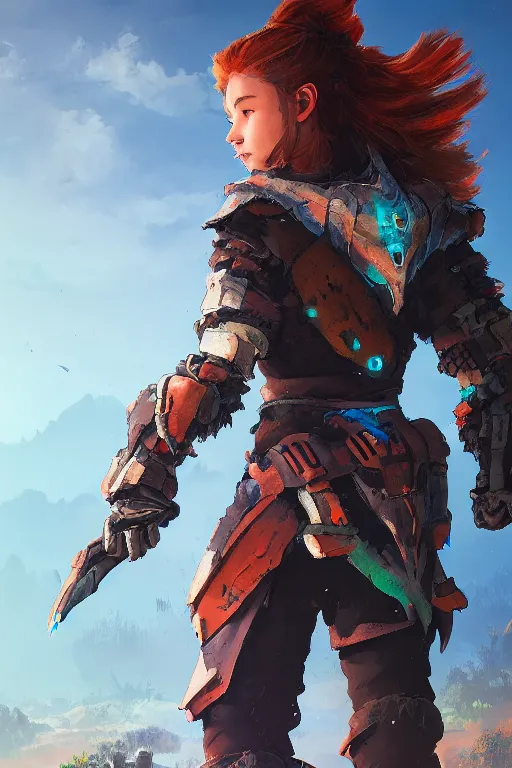 Image similar to combination suit armor aloy horizon forbidden west horizon zero dawn radiating a glowing aura global illumination ray tracing hdr fanart arstation by ian pesty and alena aenami artworks in 4 k tribal robot ninja mask helmet backpack