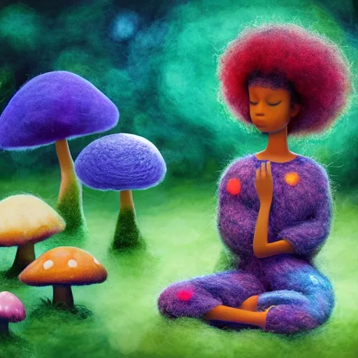 Prompt: a black girl with a colorful afro and big beautiful eyes meditating in a mushroom garden, bokeh, bright colours, watercolor, volumetric wool felting, macro photography, children illustration, by goro fujita