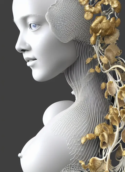 Prompt: complex 3d render ultra detailed of a beautiful porcelain profile woman face, mechanical cyborg, 150 mm, beautiful natural soft light, rim light, mechanical magnolia and ghost orchid big leaves and stems, roots, fine foliage lace, silver and gold details, ornate intricate, maze like, mesh wire hair, intricate details, hyperrealistic, ultra detailed, mandelbrot fractal, anatomical, red lips, white metal neocubism armor, facial muscles, cable wires, microchip, elegant, octane render, H.R. Giger style, 8k