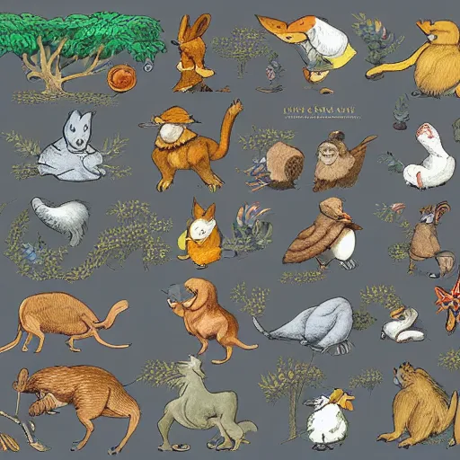 Prompt: fauna spritesheet game asset vector art, smooth style, illustrated by peggy fortnum and beatrix potter and sir john tenniel