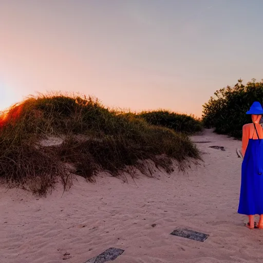 Image similar to a woman facing a blue energy portal on the street, which shows a beach at sunset