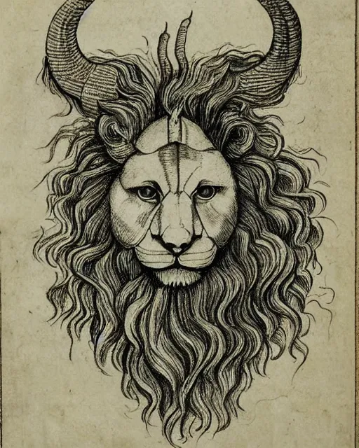 Image similar to a creature with four faces in one, human eyes, eagle beak, lion mane, two horns on the head, drawn by da vinci. symmetrical