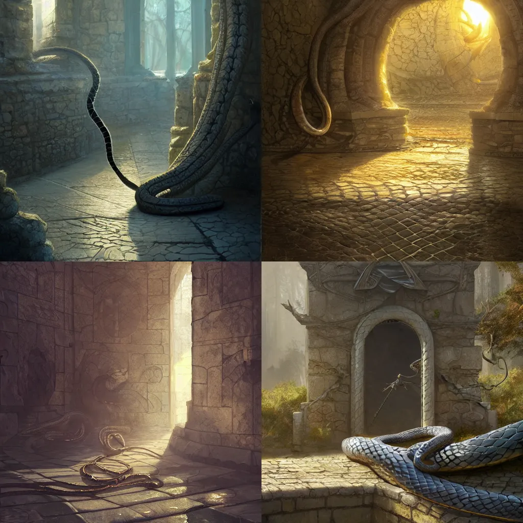 Image similar to beautiful concept art of one coiled snake on top of stone tiles, interior, dappled sunlight, mausoleum, fantasy, by greg rutkowski, trending on artstation.