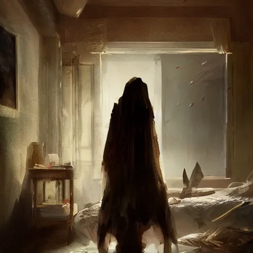 Image similar to Night terror standing over bed, Scary, intricate, detailed, volumetric lighting, scenery, digital painting, highly detailed, artstation, sharp focus, illustration, concept art, ruan jia, steve mccurry