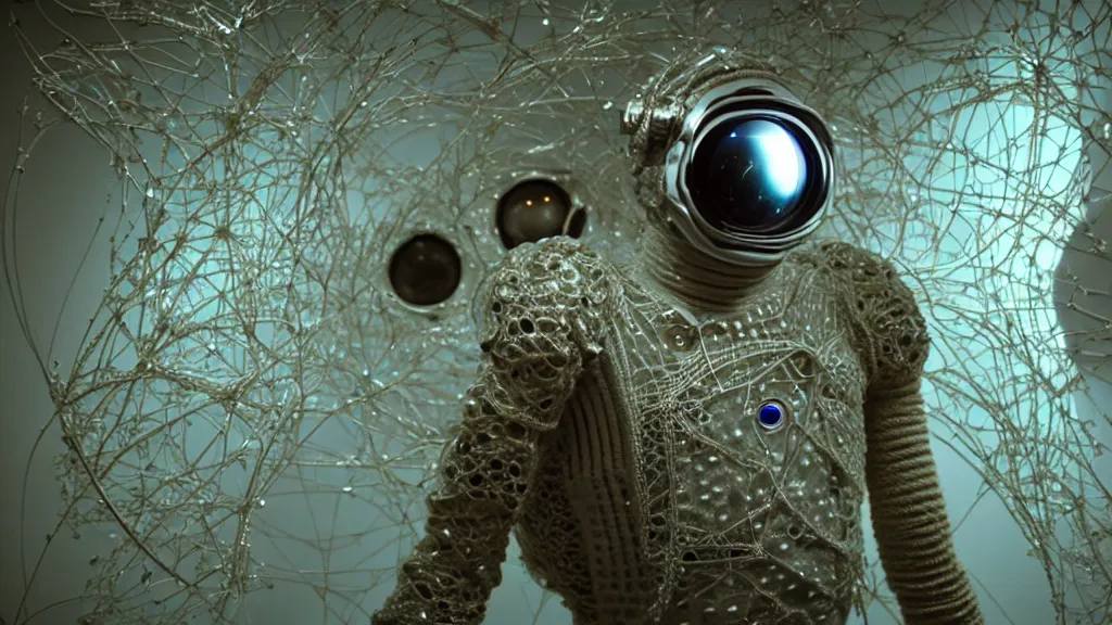 Image similar to a cybernetic symbiosis of a single astronaut eva suit made of pearlescent wearing knitted yarn thread infected with diamond 3d fractal lace iridescent bubble 3d skin covered with stalks of insectoid compound eye camera lenses floats through the living room, film still from the movie directed by Denis Villeneuve with art direction by Salvador Dalí, wide lens,