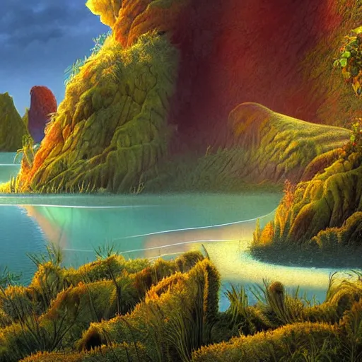 Prompt: artistic digital artwork of a lush natural scene on an alien planet. beautiful landscape by vincent bons, michael whelan and remedios varo. weird vegetation. cliffs and water. grainy and rough. interesting pastel colour palette. beautiful light. oil and water colour based on high quality render.