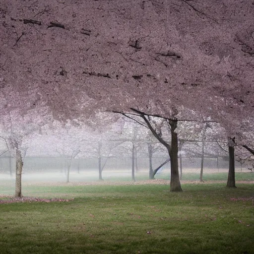 Image similar to a photograph of a foggy liminal cherry blossom forest with a white concrete cube sitting center frame, liminal