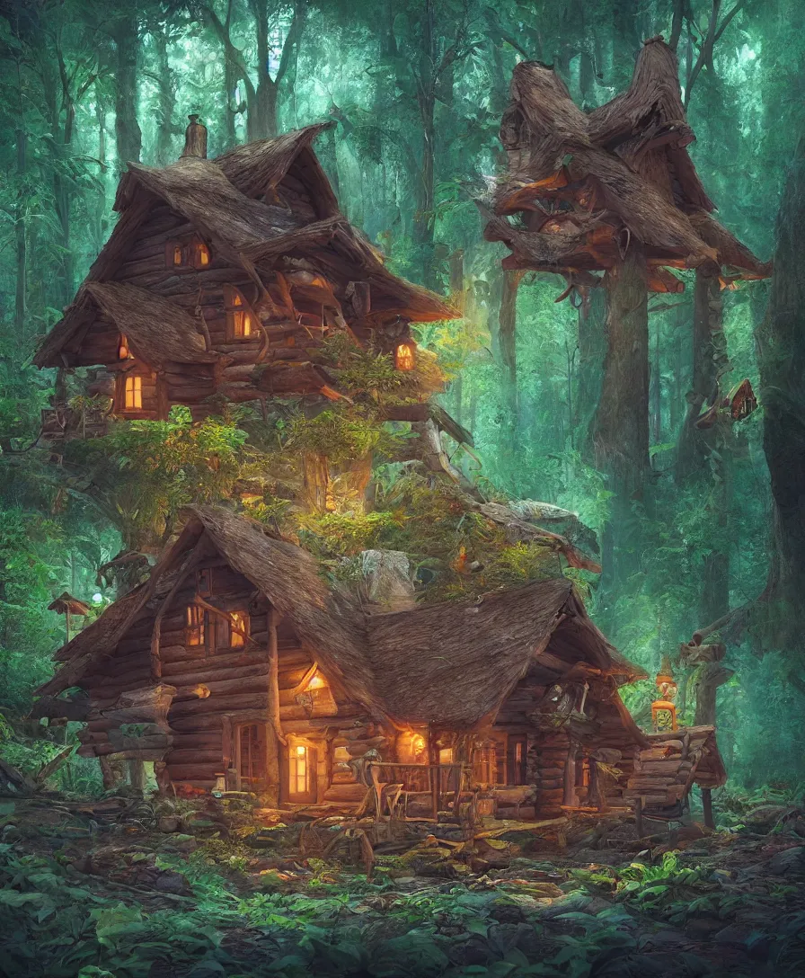 Prompt: of a beautiful Hyperrealistic witches cabin in the middle of the jungle, macro lens, highly detailed, digital painting, trending artstation, concept art, illustration, cinematic lighting, vibrant colors, photorealism, epic, octane render