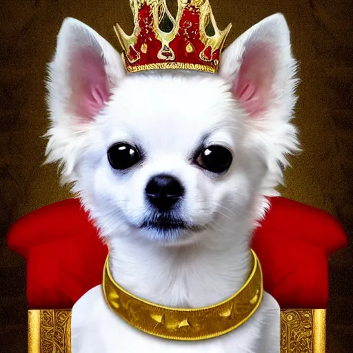 Prompt: fluffy white chihuahua king wearing a red and gold crown cinematic composition, digital art, cute