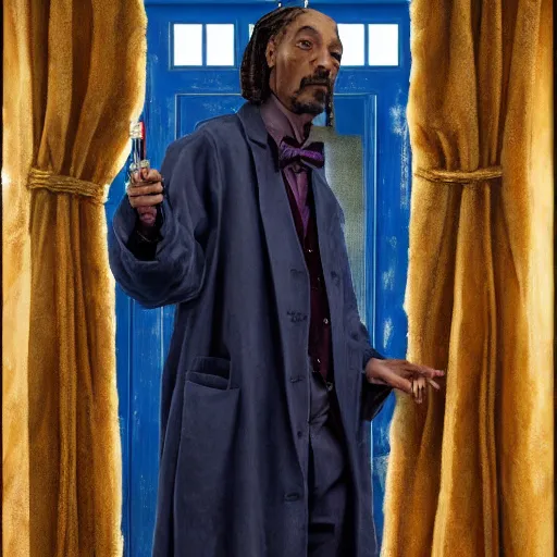 Image similar to snoop dogg as a rough dirty old man with a scruffy beard in a dark blue trenchcoat as the new doctor who, cinematic, volumetric lighting, f 8 aperture, cinematic eastman 5 3 8 4 film, photorealistic by greg rutkowski, by stanley artgerm, by alphonse mucha