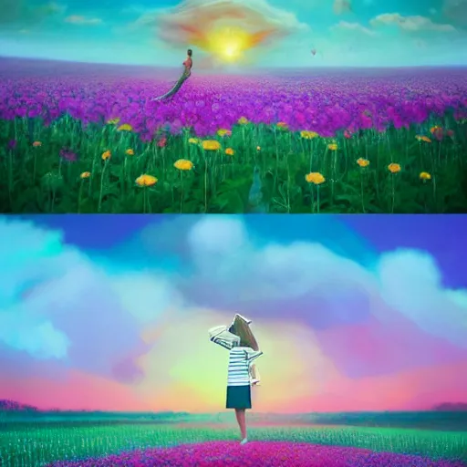 Image similar to giant dahlia flower as head, full body girl standing in a flower field, surreal photography, sunrise, dramatic light, impressionist painting, colorful clouds, digital painting, artstation, simon stalenhag