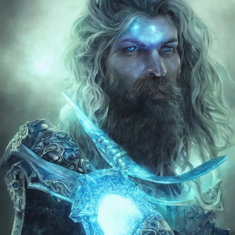 Prompt: Portrait close-up of Aasimar Paladin-Druid with glowing blue eyes, pale skin, full beard. Has sword and wears green armor covered in moss. Epic fantasy art, award winning on Artstation, intricate, highly detailed, dramatic lighting, illustration, concept art, art by artgerm and greg rutkowski and alphonse mucha and ross tran, D&D, Dungeons and Dragons, Magic the Gathering.