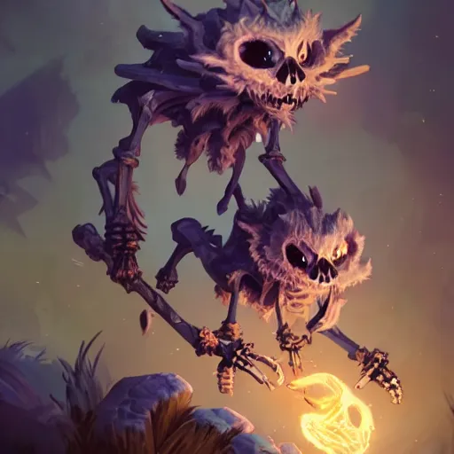 Image similar to cute fluffy animal skeleton creatures. hearthstone animal creatures, graveyard background, bright art masterpiece artstation. 8k, sharp high quality artwork in style of Jose Daniel Cabrera Pena and Greg Rutkowski, violet theme, concept art by Tooth Wu, hearthstone card game artwork