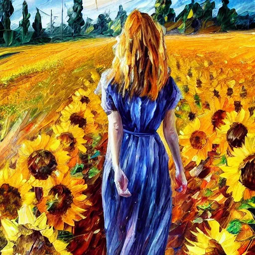 Image similar to a girl slowly walking through amazing tall sunflower field, her hair flowing down, subtle, intricate details, real masterpiece, oil on canvas, by leonid afremov