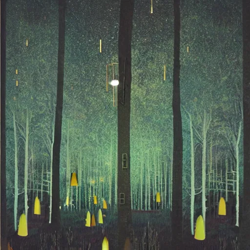Prompt: forest at night with floating lights surrealist collage