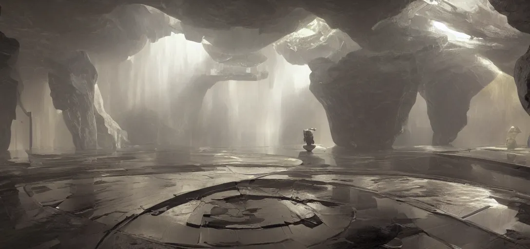 Image similar to a futuristic apartment interior in the style of a waterfall cave, Greek statue, wet floors, high ceiling, dark moody lighting, foggy atmosphere, 10mm lens, by Craig Mullins and Denis Villeneuve, octane rendering