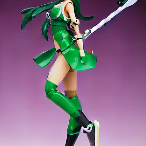 Image similar to league of legends akali as a Barbie doll. Kunai-weilding, green facemask, green outfit. PVC figure 12in.