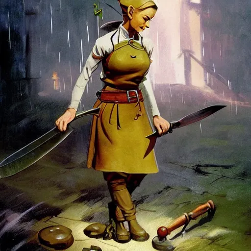 Image similar to determined elf woman with short blonde hair wearing a kitchen maid's uniform while holding a chef's knife and standing in the rain, fantasy, highly detailed, character portrait by Frank Frazetta