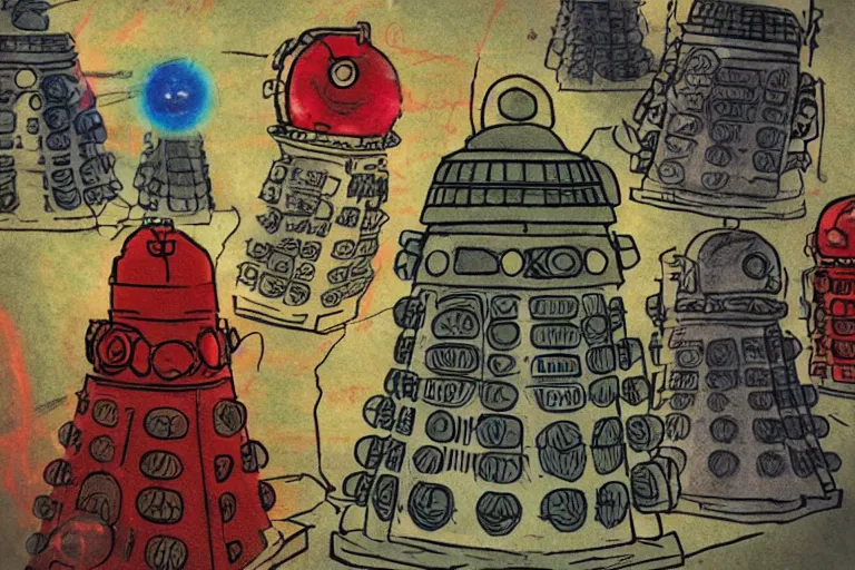 Image similar to daleks!, in the style of john avon and derek riggs and eva widermann, trending on artstation, halfrear lighting closeup view anaglyph filter, bokeh, anime, colored pencil art, belle epoque