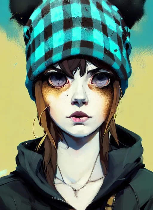 Image similar to highly detailed portrait of a sewer punk lady student, blue eyes, tartan hoody, hat, white hair by atey ghailan, by greg rutkowski, by greg tocchini, by james gilleard, by joe fenton, by kaethe butcher, gradient yellow, black, brown and cyan color scheme, grunge aesthetic!!! ( ( graffiti tag wall background ) )