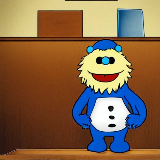 Prompt: “photo of Cookie Monster attorney at law in a courtroom”