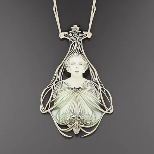 Prompt: an artnouveau necklace in the shape of a goddess painted by H.R.Giger as an artnouveau necklace made by René lalique