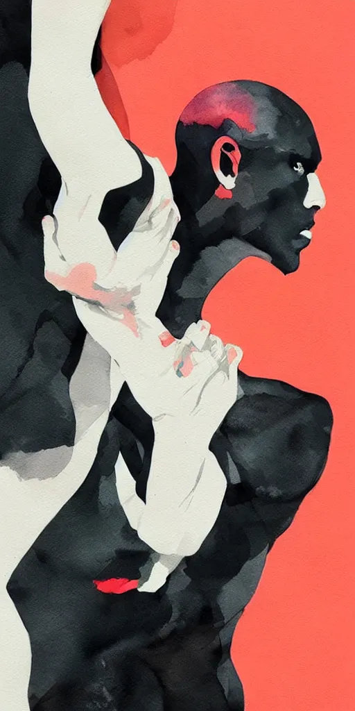 Image similar to closeup of one!!! athletic man posing dramatically with no face, no hair, black background, matte colors, by conrad roset, watercolor painting trending on artstation